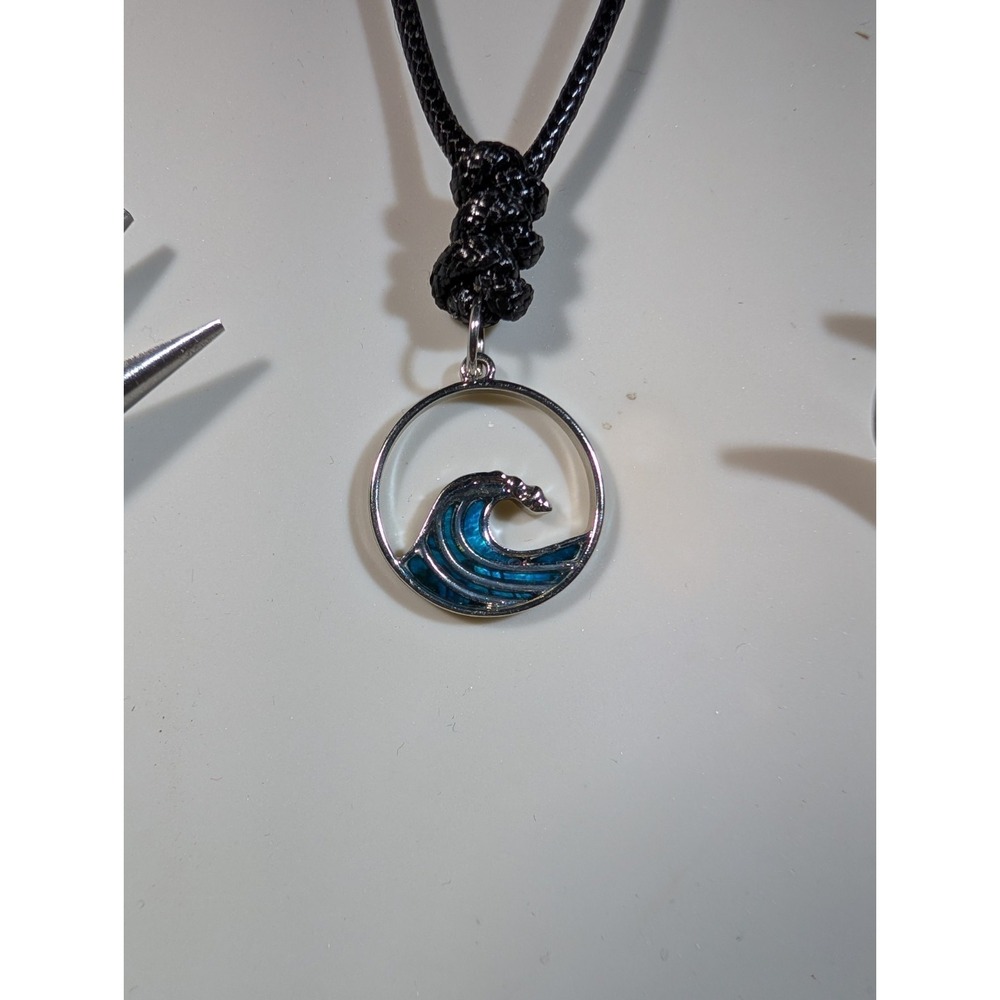 Circular Ocean Wave Pendant With Abalone Paua Shell Inlay Adjustable Necklace
